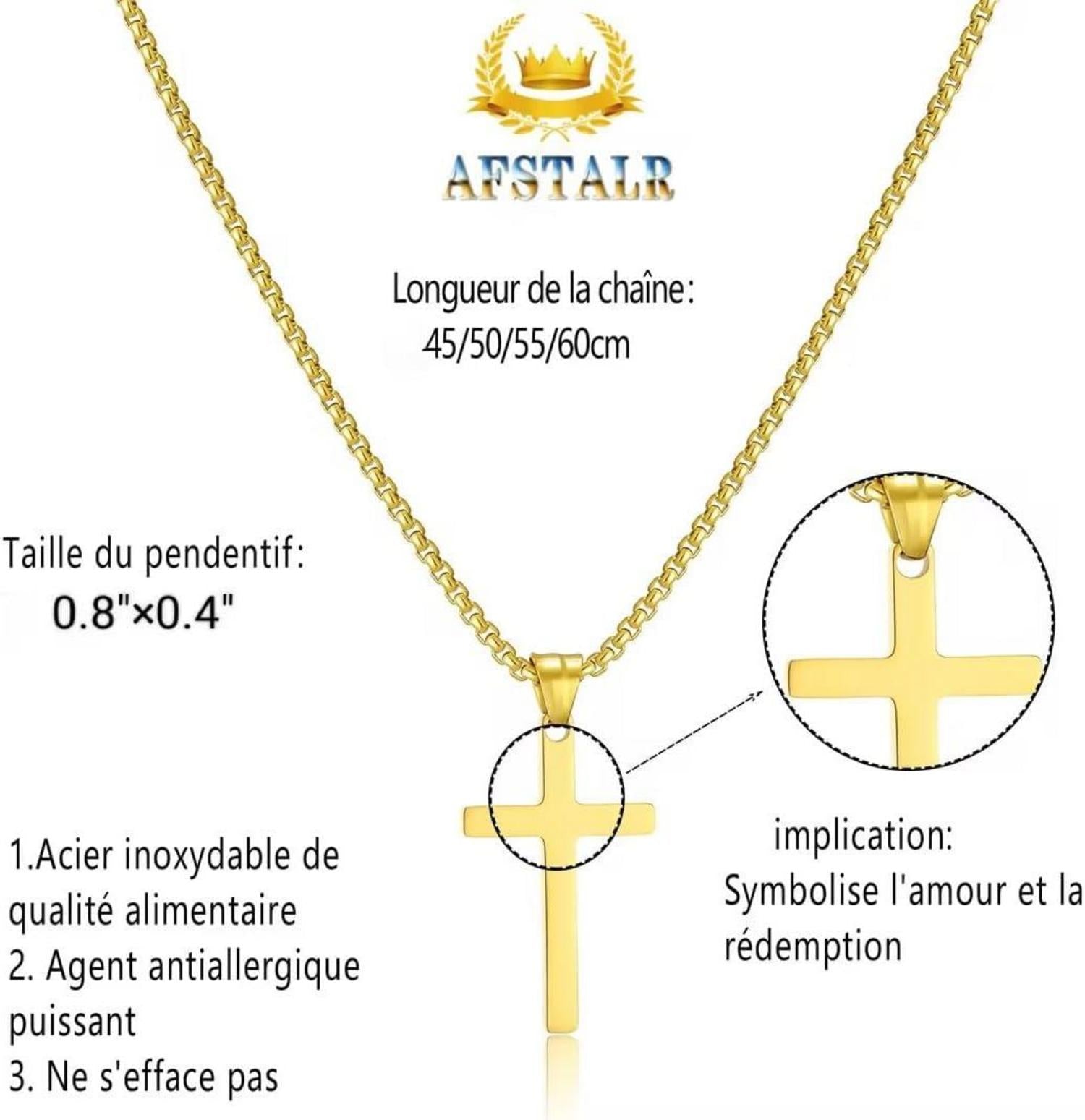 AFSTALR Herren Kreuzkette Edelstahl Kreuzanhänger Christlicher Schmuck für Männer Gold 50cm