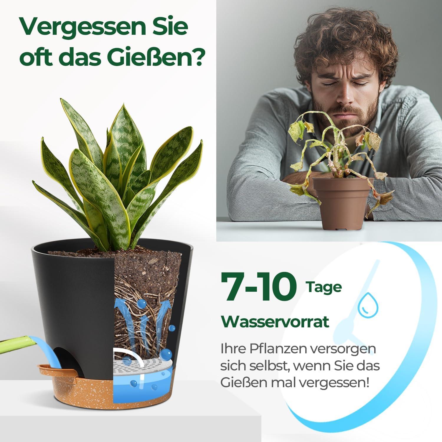 T4U 14cm Blumentopf mit Selbstbewässerung und Untersetzer, 3er-Set, ideal für Sukkulenten und Kakteen, Schwarz