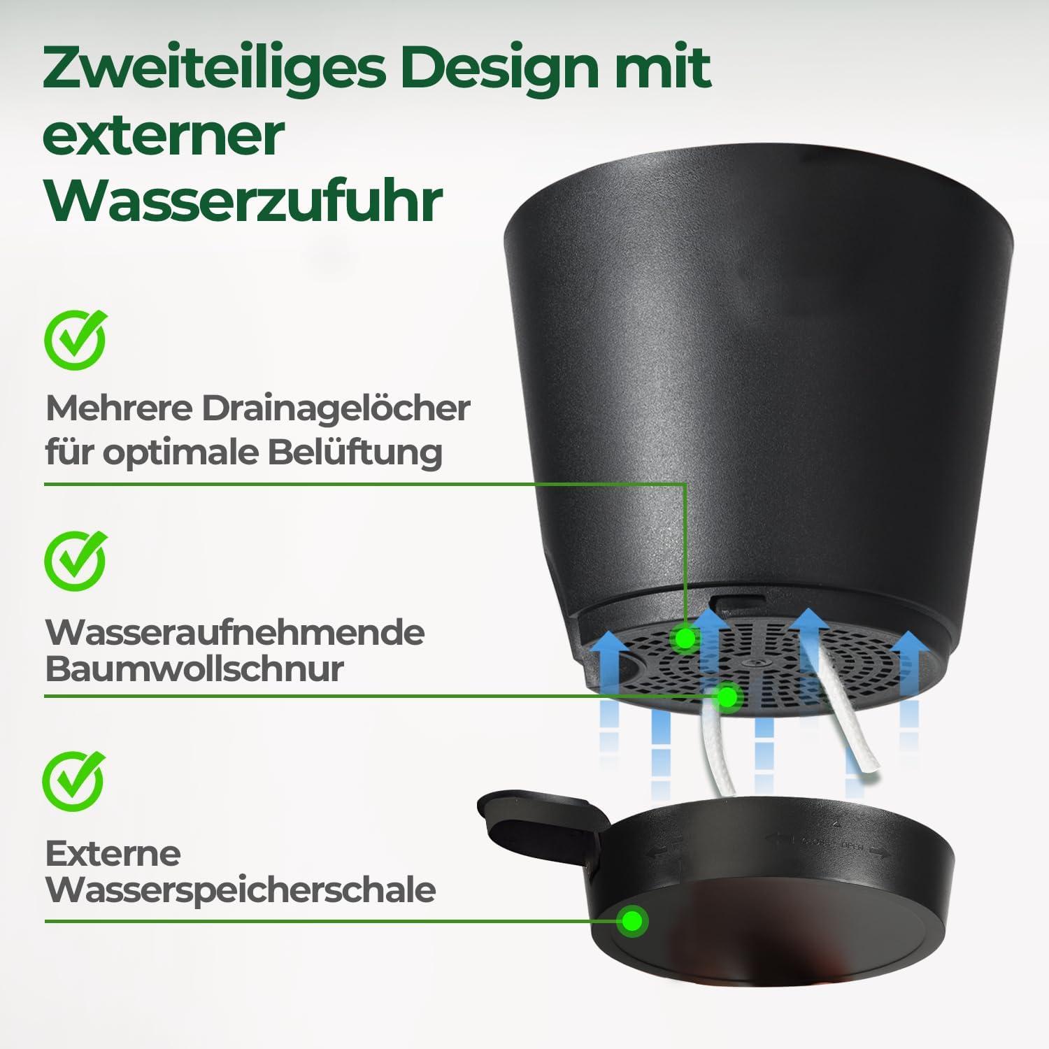 T4U 16,5cm Selbstbewässerung Blumentopf 6er-Set Schwarz