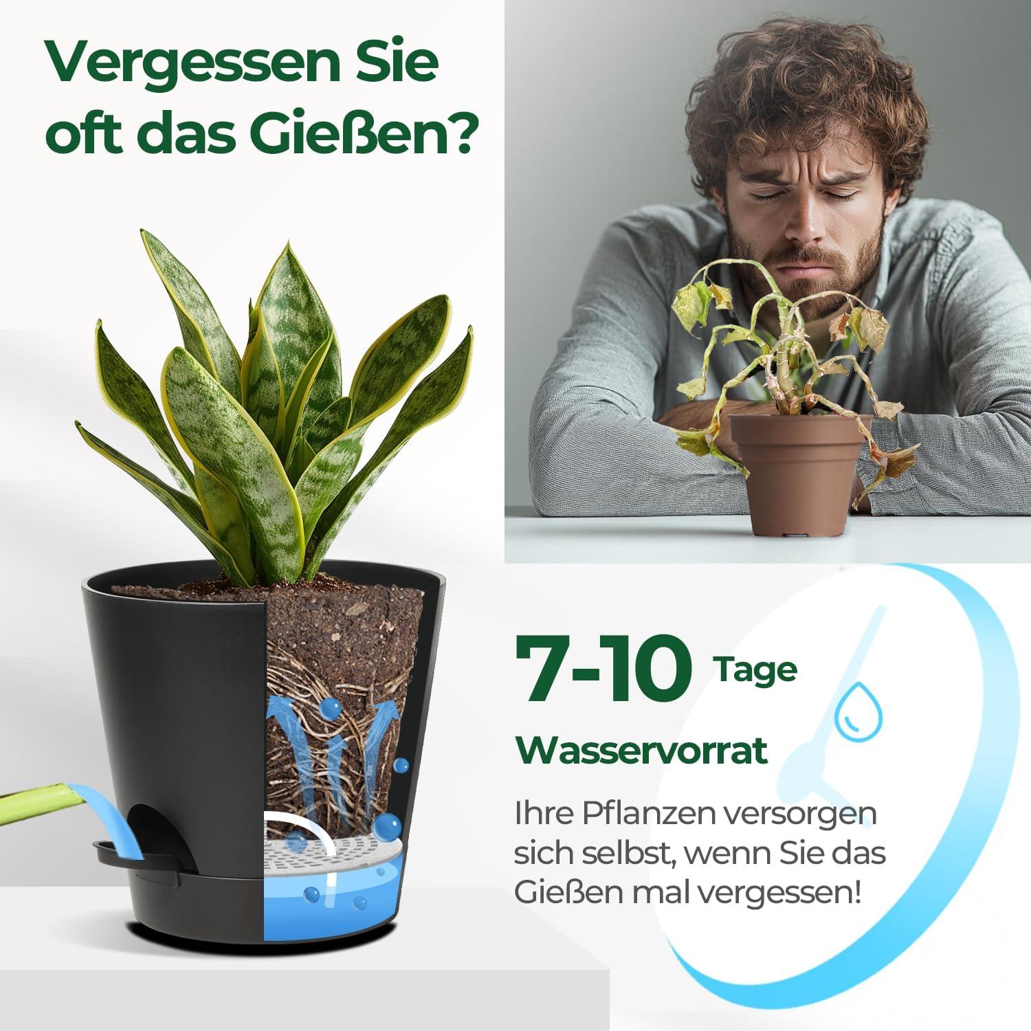 T4U 16,5cm Kunststoff Blumentopf 6er-Set Selbstbewässerung Schwarz