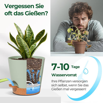 T4U Blumentopf 20cm Kunststoff Selbstbewässerung 3er-Set Grün