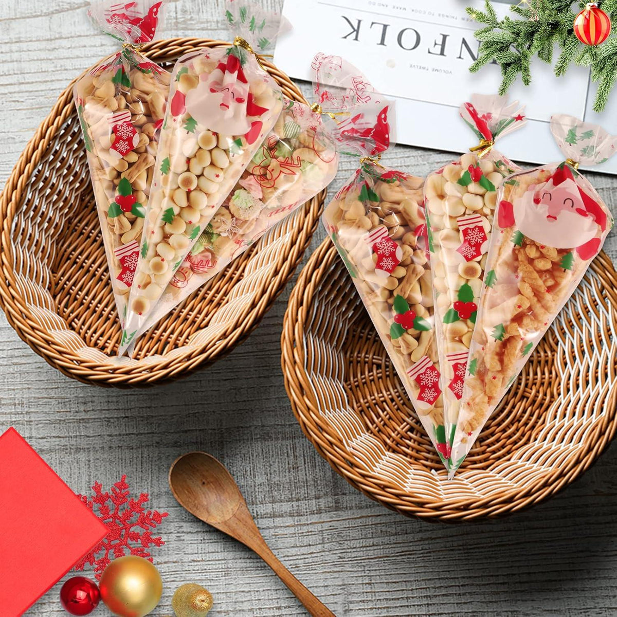 100 Weihnachten Spitztüten 16x30cm Transparent Twistbinder