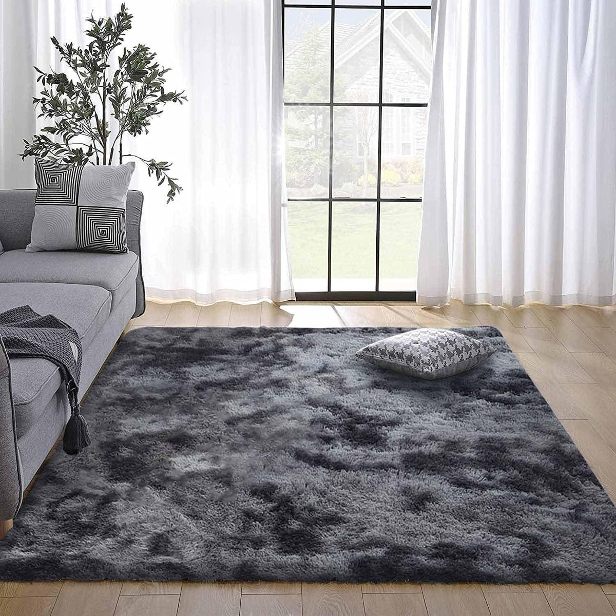 Flauschiger Teppich Rund Modern Hochflor Rutschfest Grau Schwarz 200x300cm