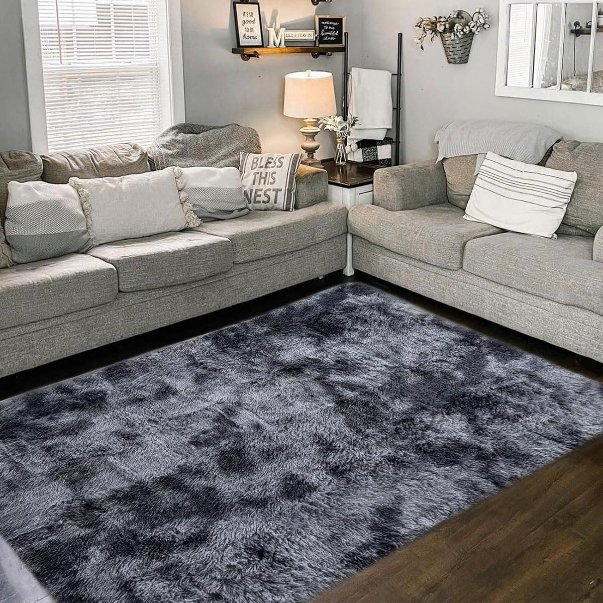 Flauschiger Teppich rund, hochflor, rutschfest, 200x250cm, Schwarz Grau