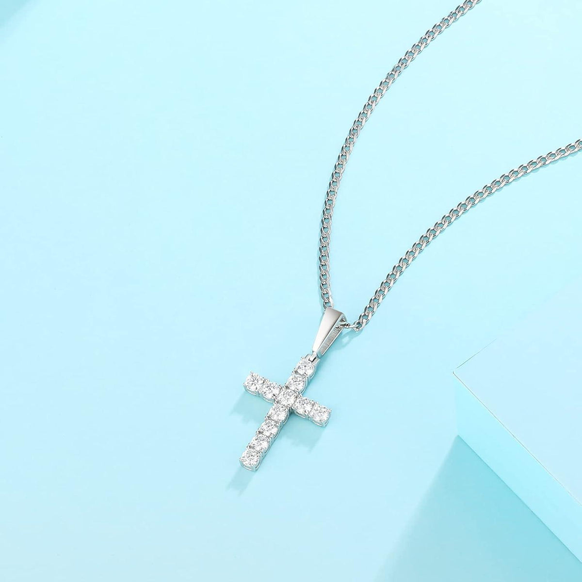 Kreuz Kette Moissanite Zirkonia Anhänger 14K Gold Weißgold 0.8/2/2.5mm Kette 41/46/51/56cm