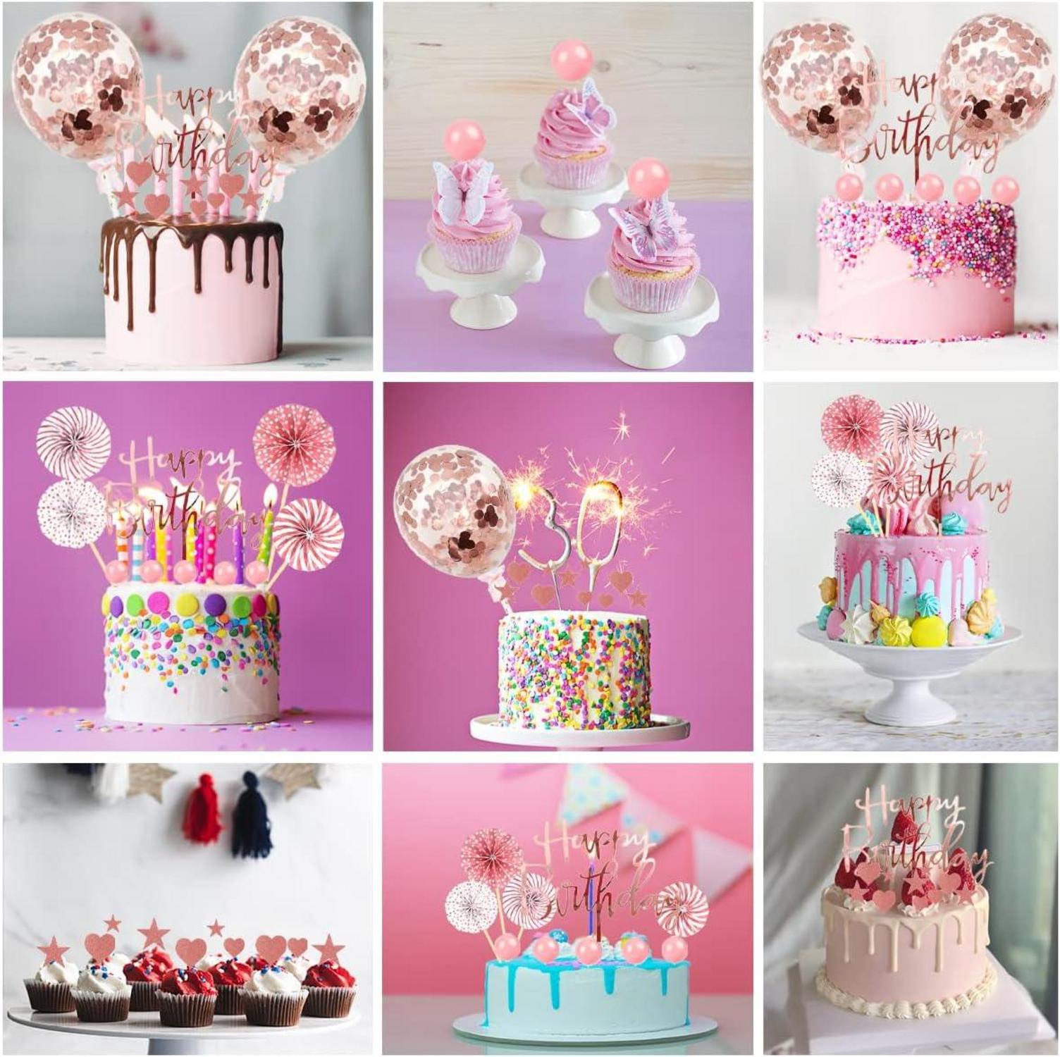 Tortendeko Rosegold Mädchen Happy Birthday 22 Stück Luftballons Papierfächer Sternen Kugel
