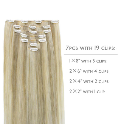Echthaar Clip-Ins Aschblond Highlights Platinblond 50cm