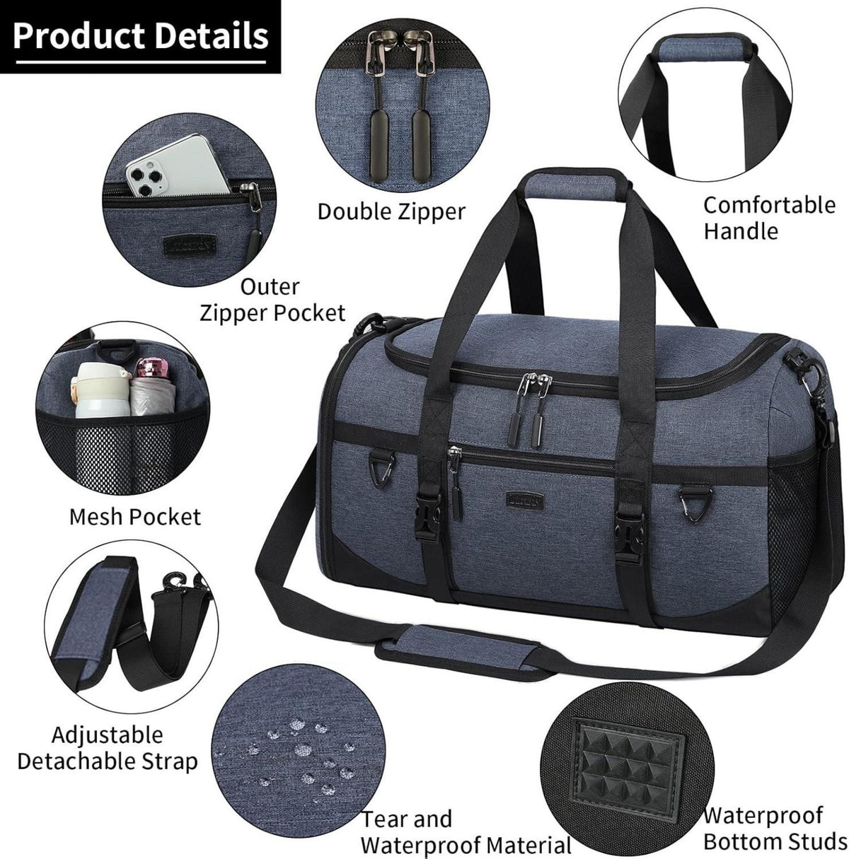 Sporttasche 55L Wasserdicht mit Schuhfach & Sporthandtuch Blau