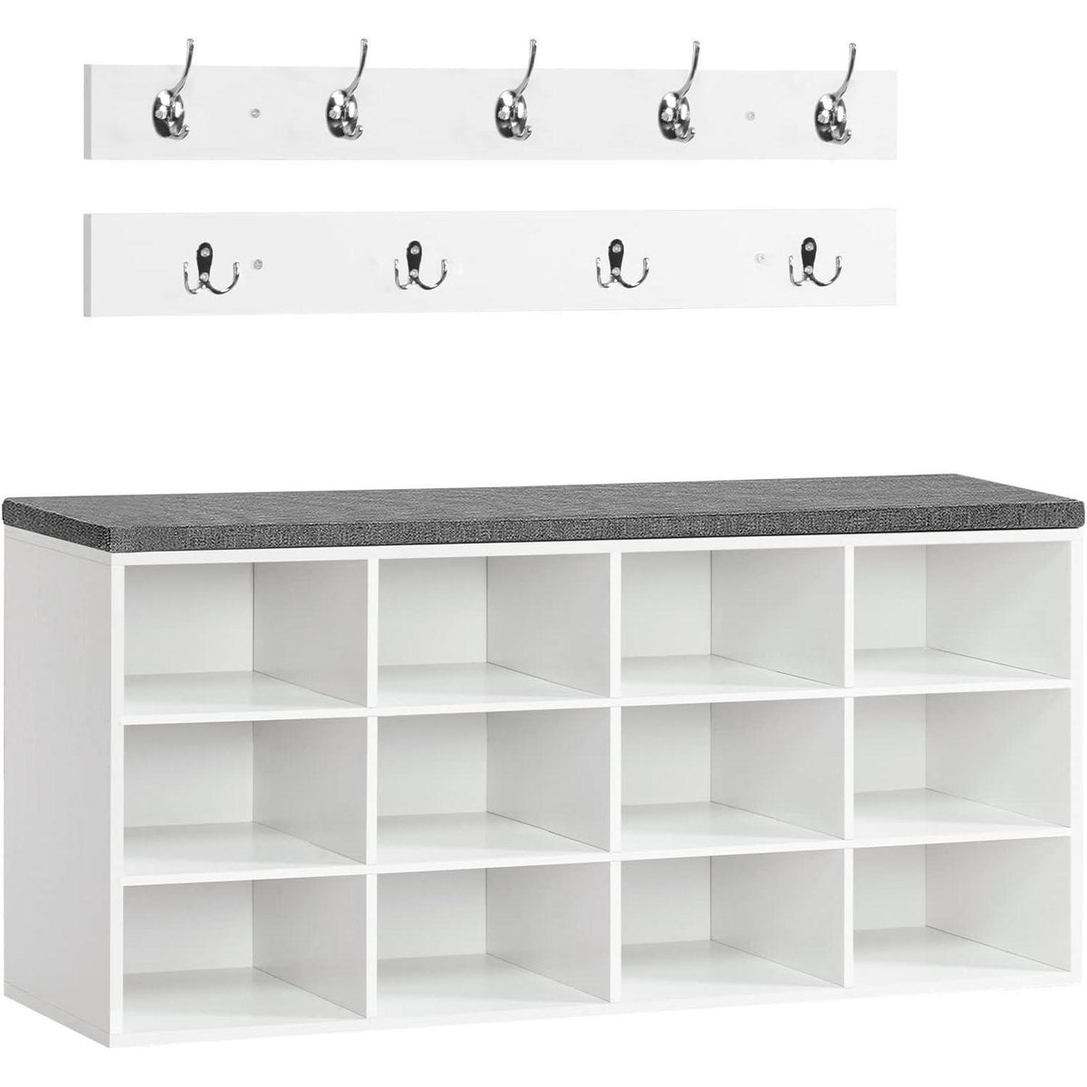 Garderobe mit Schuhbank und 12 Fächern, weiß/grau