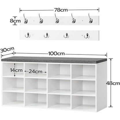 Garderobe mit Schuhbank und 12 Fächern, weiß/grau