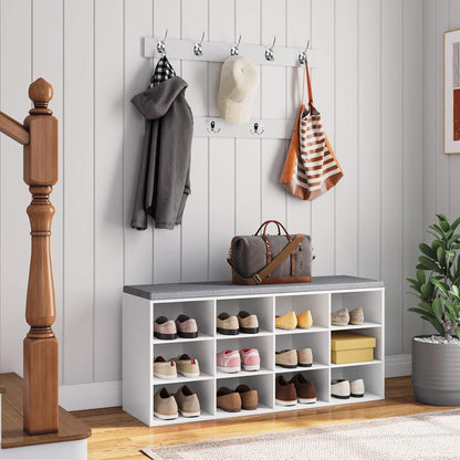 Garderobe mit Schuhbank und 12 Fächern, weiß/grau