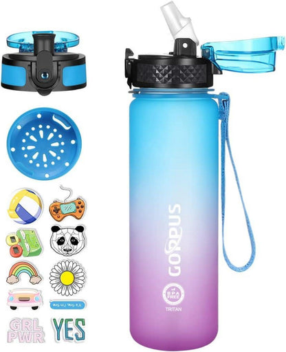 Kinder Trinkflasche mit Strohhalm und Zeitmarkierungen 500ml Blau Lila