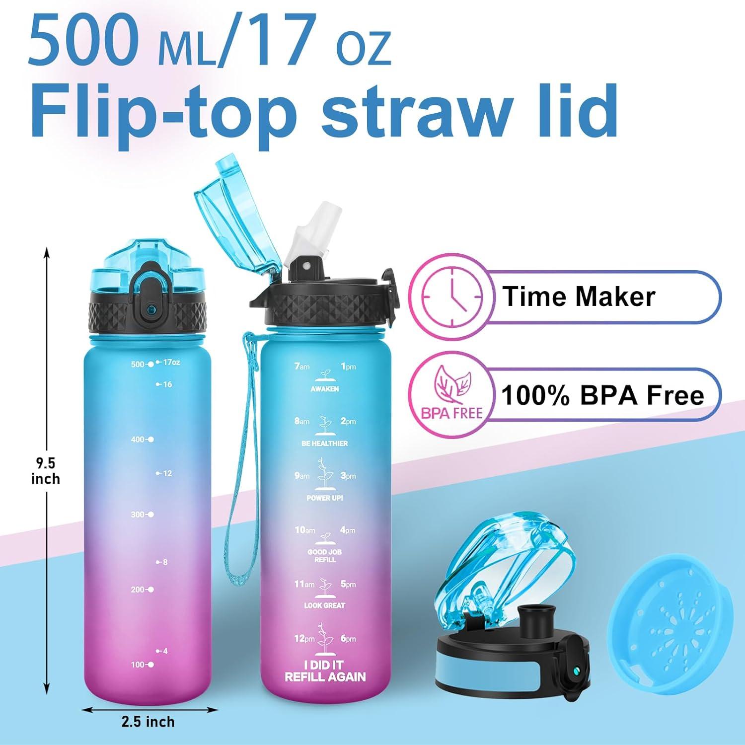 Kinder Trinkflasche 500ml Zeitmarkierungen Strohhalm BPA-frei Blau Lila