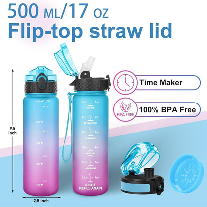 Kinder Trinkflasche 500ml Zeitmarkierungen Strohhalm BPA-frei Blau Lila