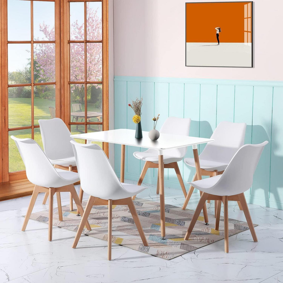 Esszimmergruppe Weiß 110cm Tisch + 6 Stühle