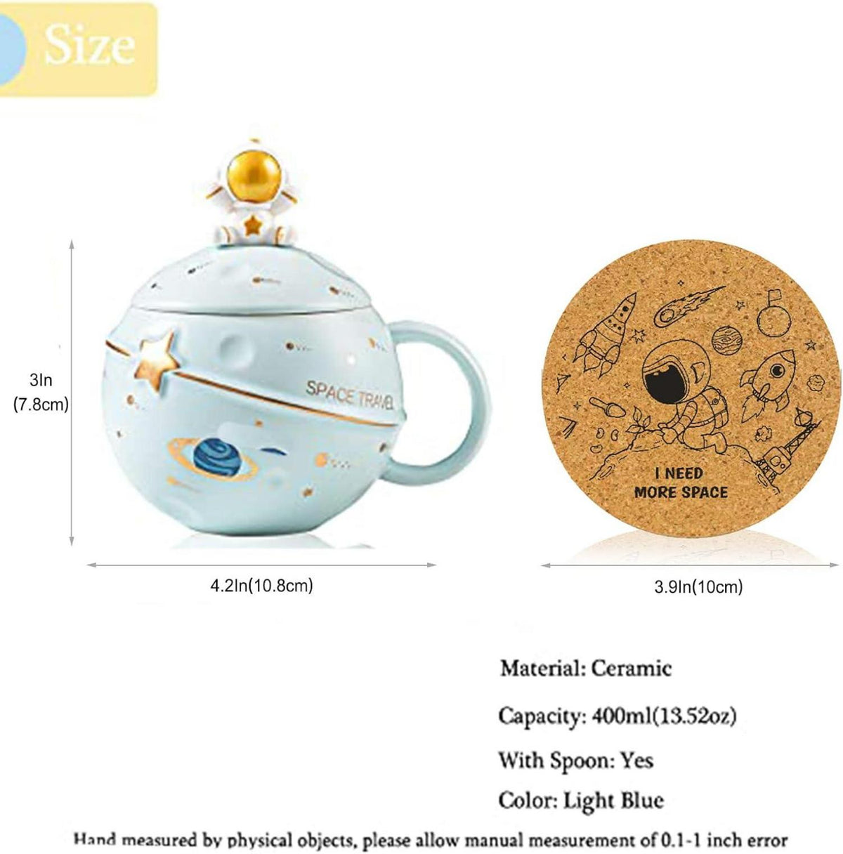 Kawaii Astronaut Planet Tasse Keramik Weltraum Prägung Deckel Löffel Blau