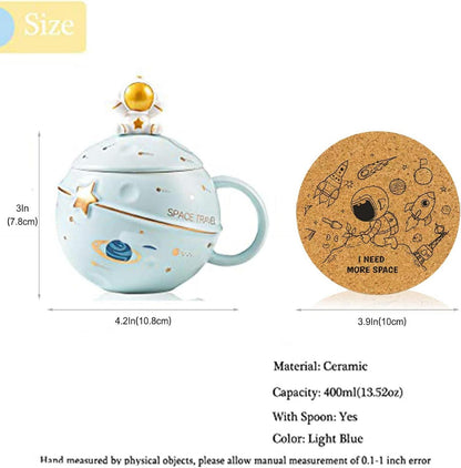 Kawaii Astronaut Planet Tasse Keramik Weltraum Prägung Deckel Löffel Blau