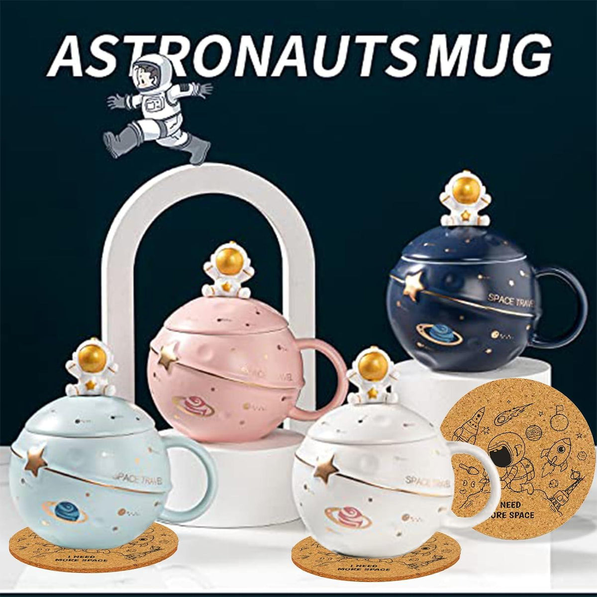 Kawaii Astronaut Planet Tasse Keramik Weltraum Prägung Deckel Löffel Blau