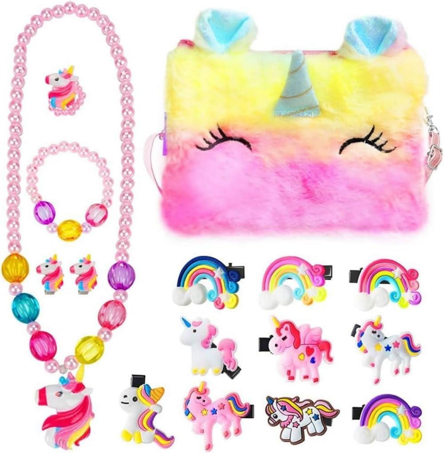 BIQIQI Einhorn Plüsch Handtasche Schmuckset Haarspangen Mädchen