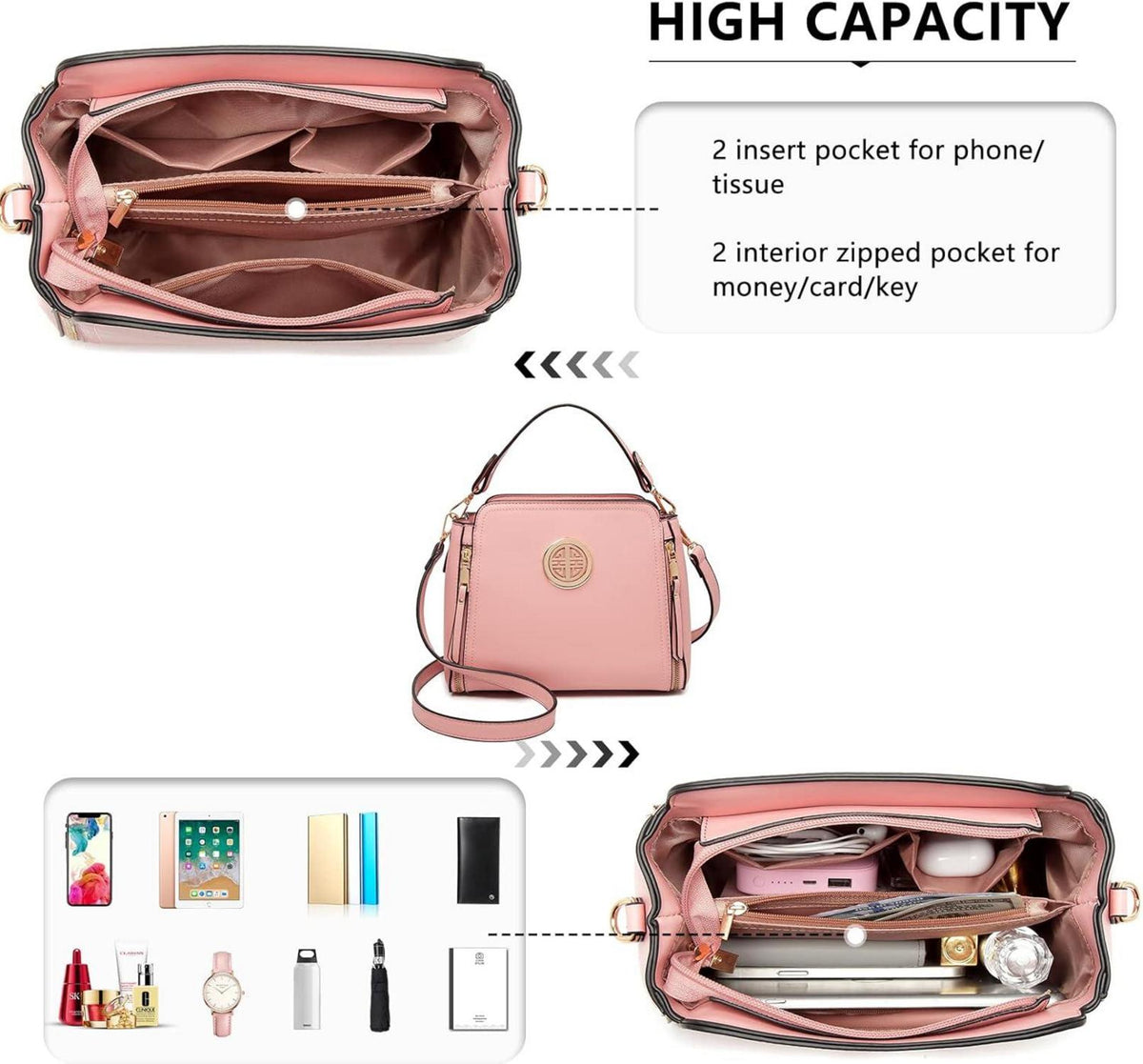Damen Umhängetasche Schultertasche Crossbody PU Leder Top Griff Rosa