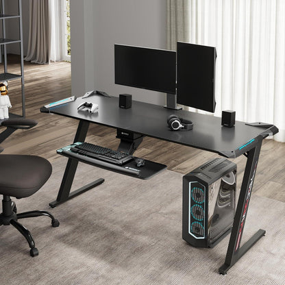 Großer Gaming Schreibtisch mit LED-Beleuchtung und Kohlefaser-Desktop