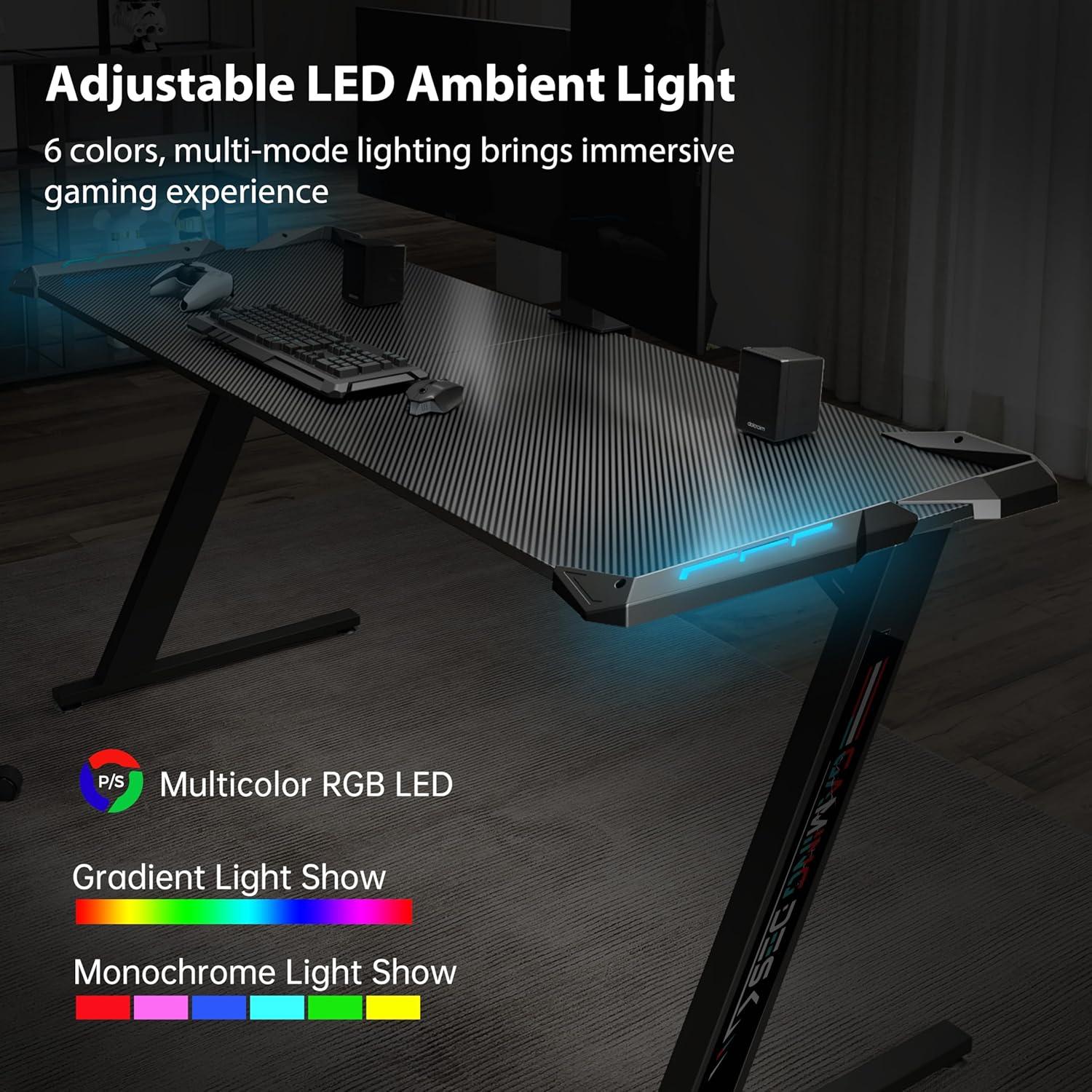 Gaming Tisch LED Kohlefaser Schreibtisch Gamer PC Computertisch 153x60
