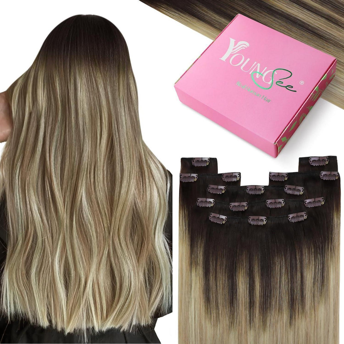 Clip-in Echthaarverlängerung Balayage Dunkelbraun Ombre