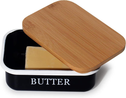 Theo&Cleo Butterdose mit Holzdeckel 250g Butter Multi-Funktion Bambusdeckel Schwarz