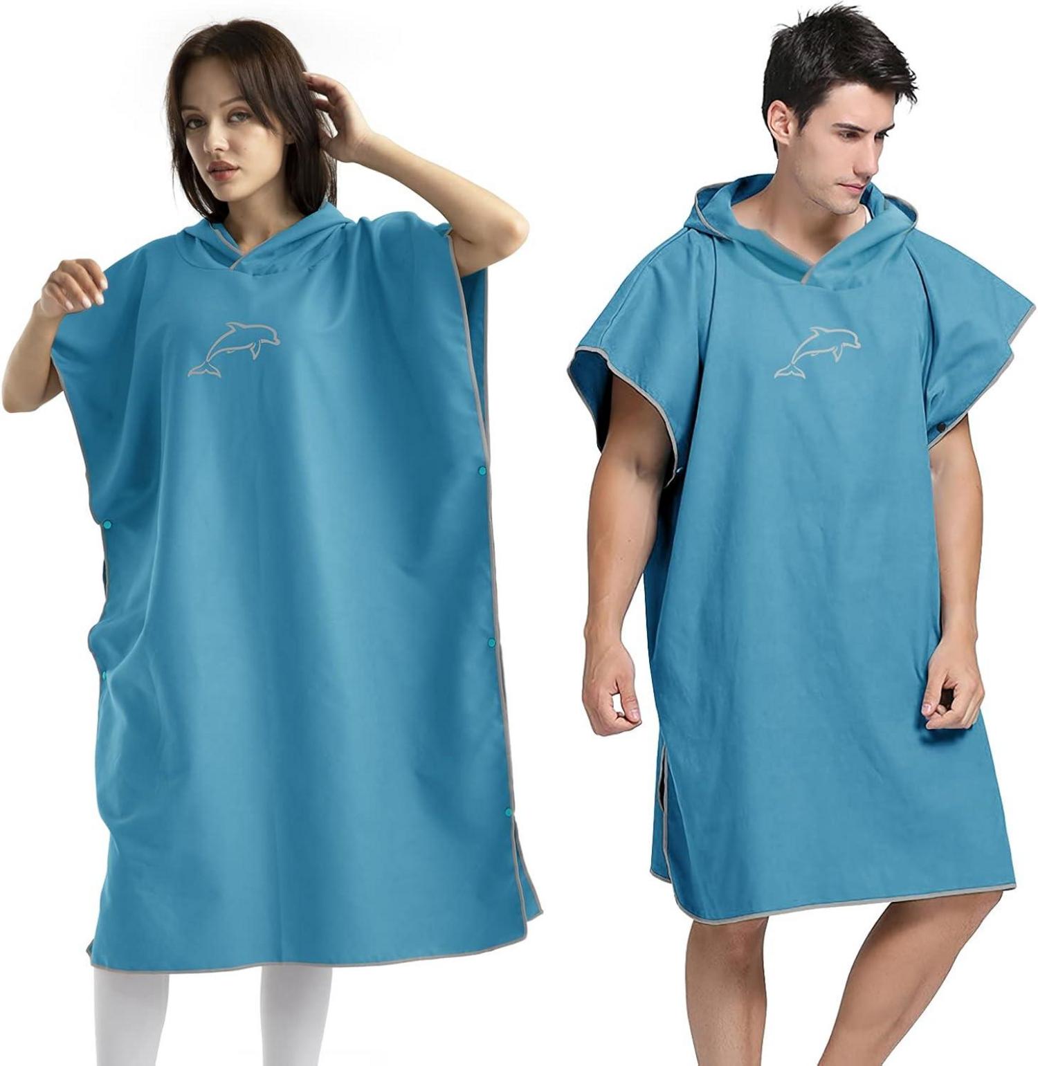 Handtuch Poncho 110x80cm Mikrofaser Surf Badeponcho Kapuze Blau