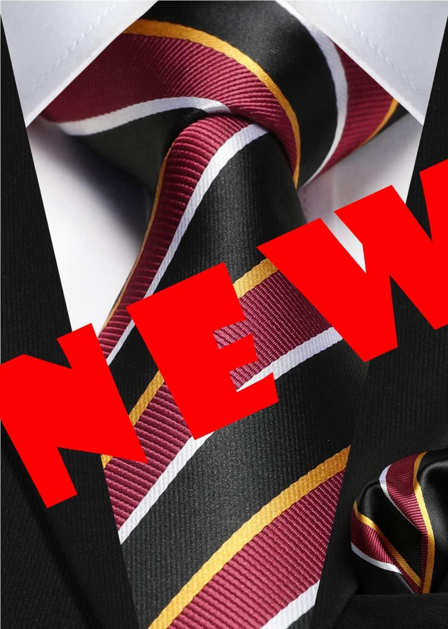 Herren Krawatte + Einstecktuch Set Gestreift Hochzeit A-Rot Schwarz