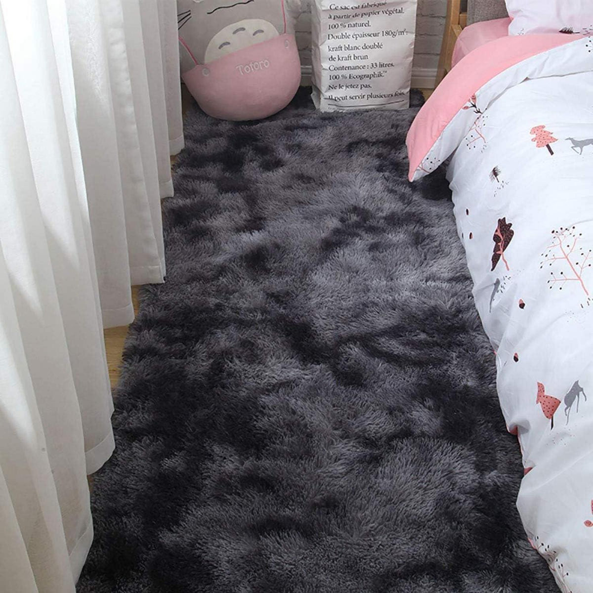 Hochflor Teppich Wohnzimmer Flauschig 200x200 cm Schwarz Grau