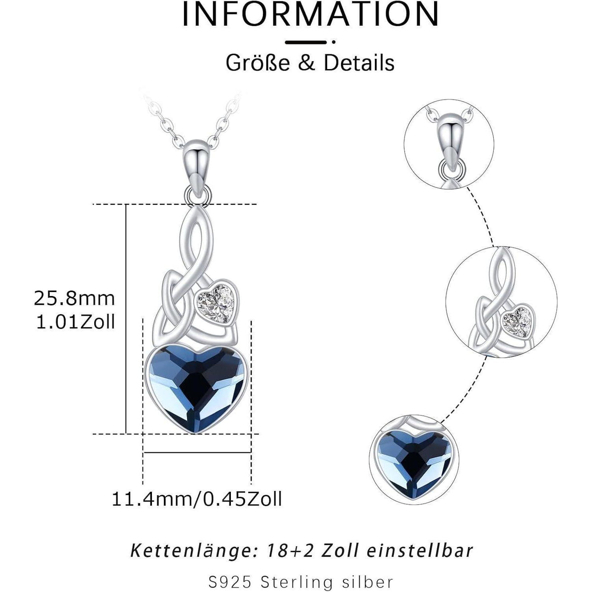 925 Sterling Silber Kette Herz Kristall Anhänger, Geburtsstein Halskette