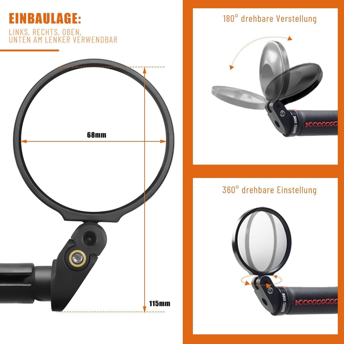 Fahrradspiegel 360°Schwenkbar für Lenker E-bike Konvex Elektrofahrrad