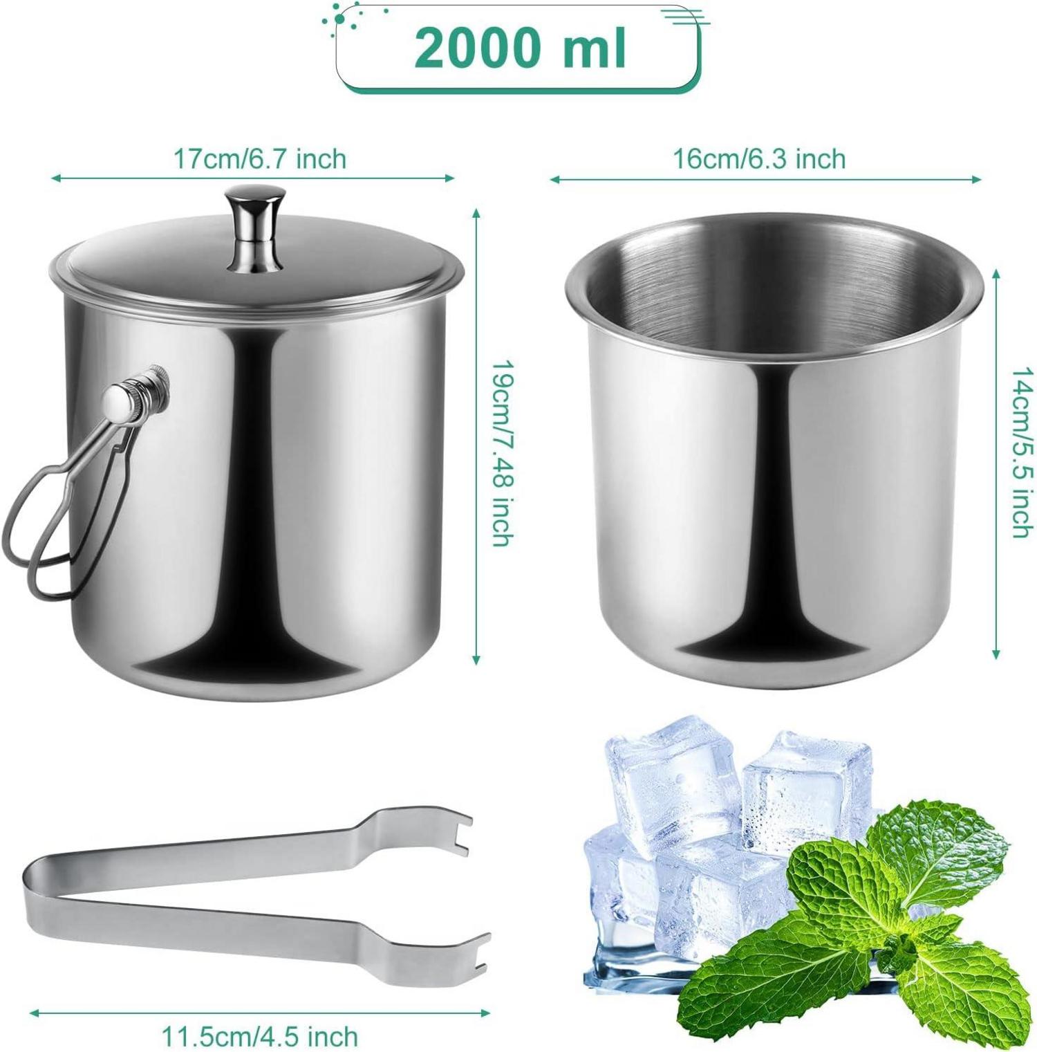 Edelstahl Eiskübel 2L doppelwandig mit Deckel und Zange