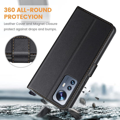 Handyhülle Xiaomi 12 12X Leder Flipcase Schwarz Magnet Kartenschlitze