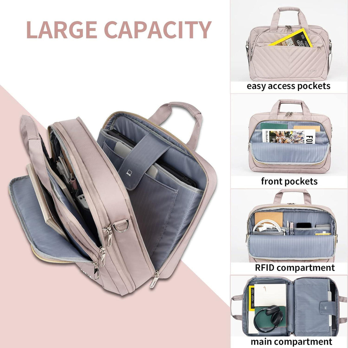 Laptoptasche 17 Zoll Damen wasserdicht Aktentasche RFID-Tasche Altrosa
