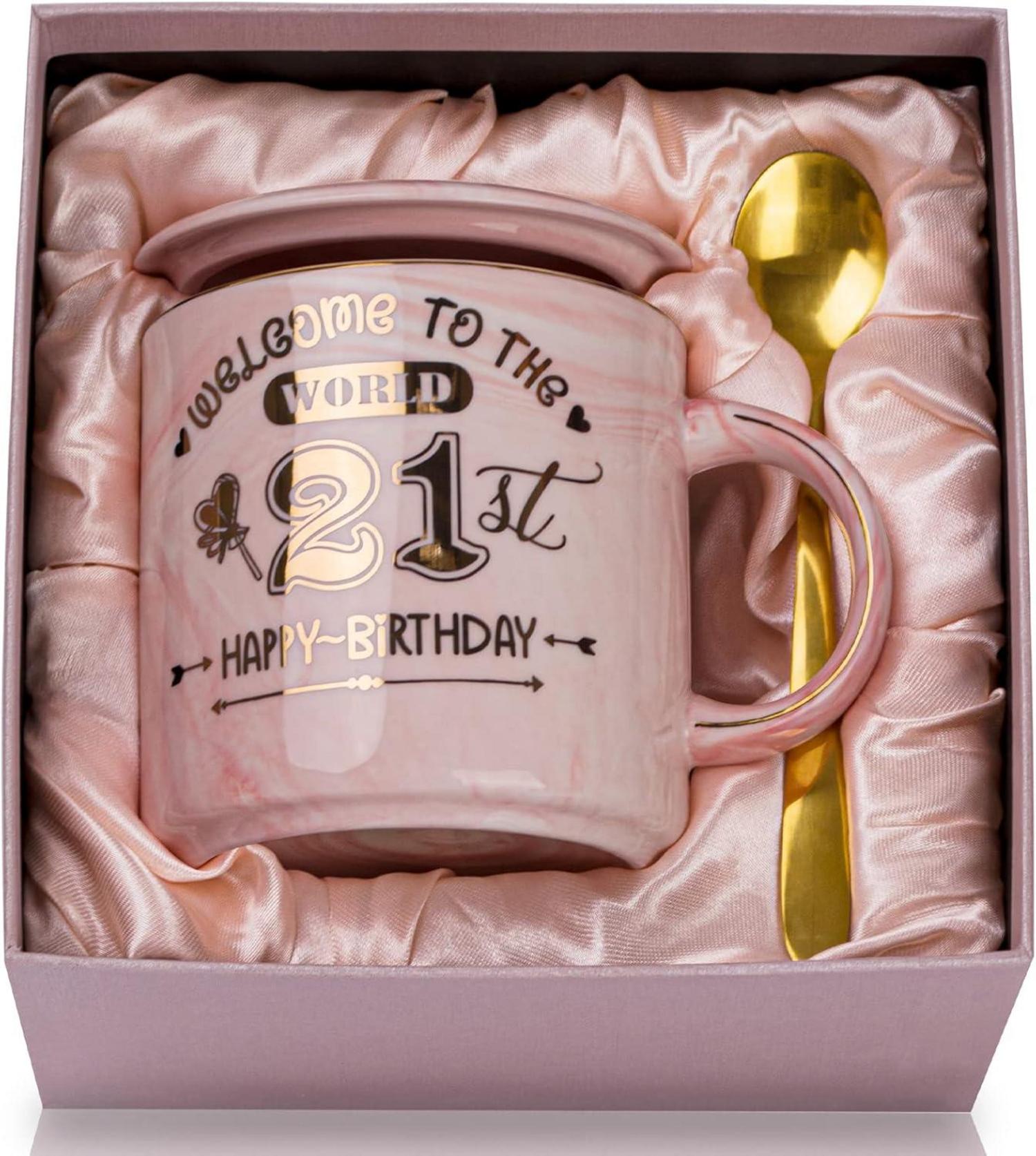 21. Geburtstag Geschenk Kaffeetasse Gold 400ml Geschenkbox Rosa