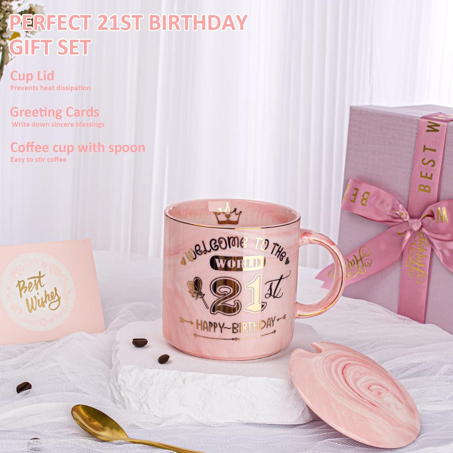 21. Geburtstag Geschenk Kaffeetasse Gold 400ml Geschenkbox Rosa