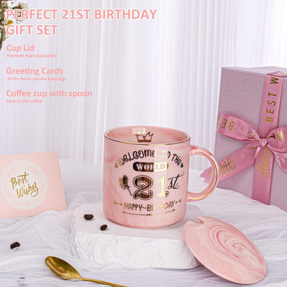 21. Geburtstag Geschenk Kaffeetasse Gold 400ml Geschenkbox Rosa