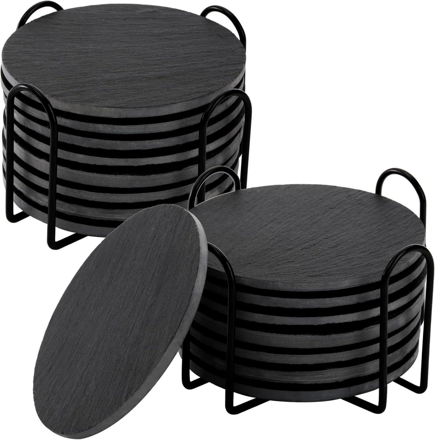 16er Set Schwarze Marmoruntersetzer mit Halterungen 10cm - Rustikale