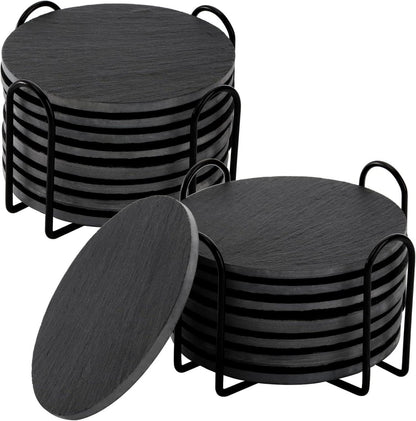 16er Set Schwarze Marmoruntersetzer mit Halterungen 10cm - Rustikale