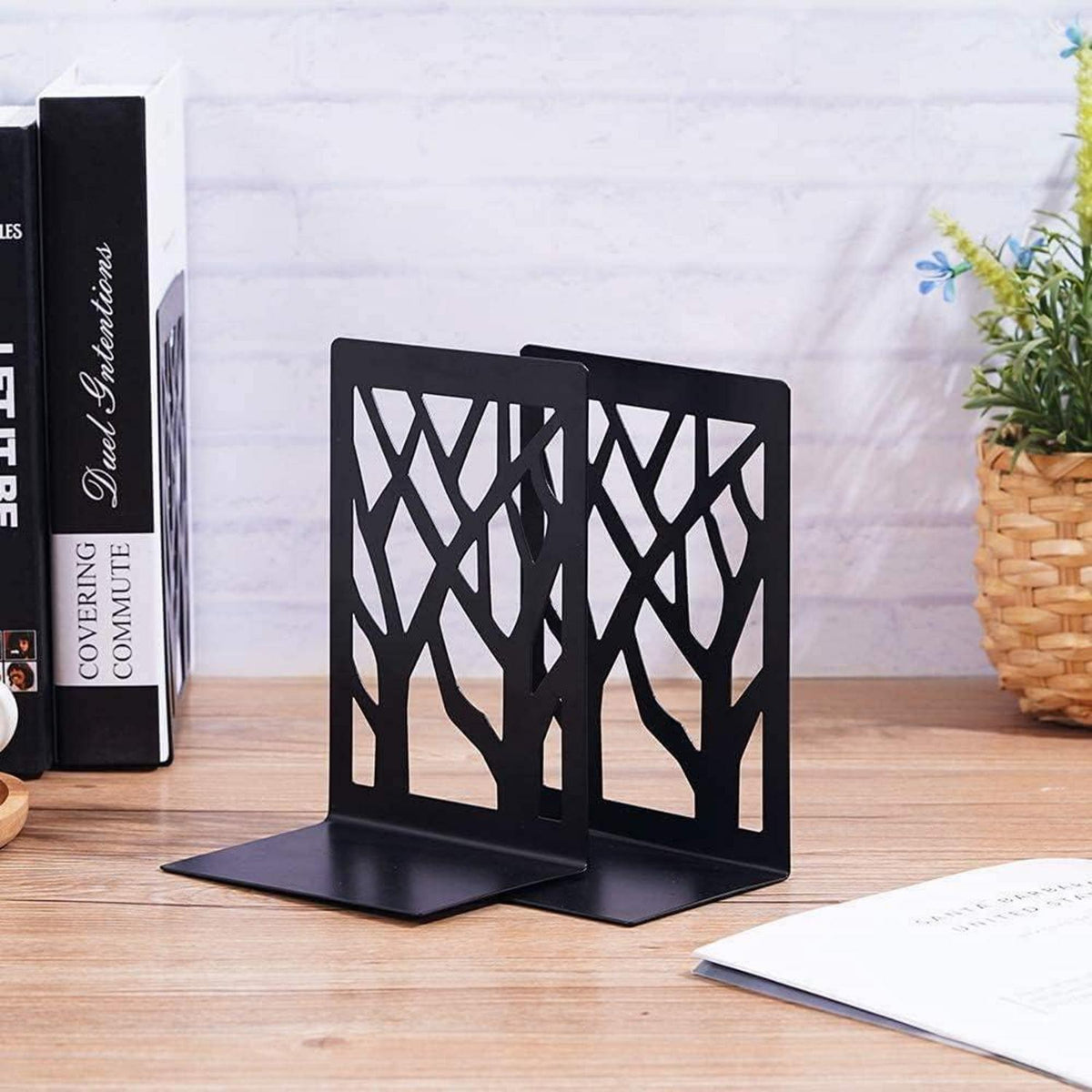 3 Paar Metall-Buchstützen, Baum & Blatt Design, Schwarz