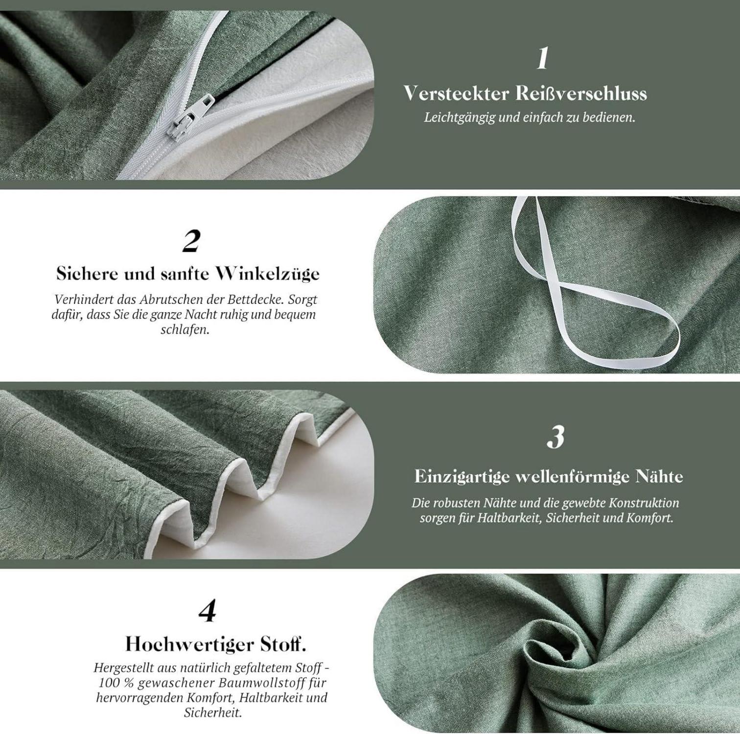 Bettwäsche-Set 200x200 Baumwolle Salbei Grün Stone Washed