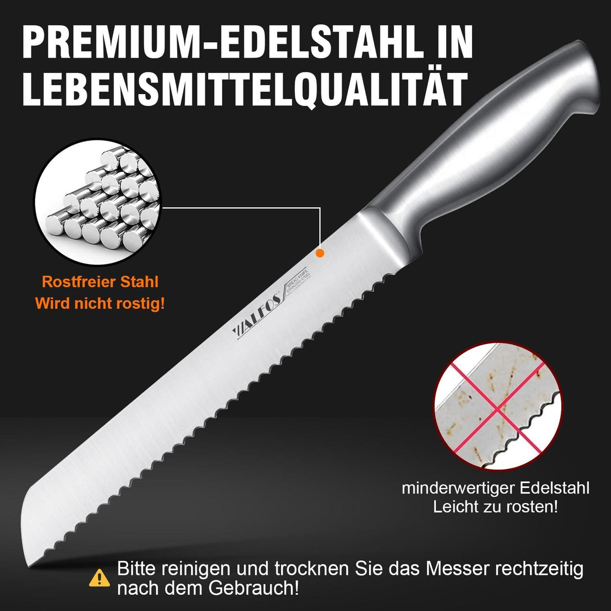 Walfos Brotmesser Wellenschliff Edelstahl 8-Zoll-Klinge ultra scharf