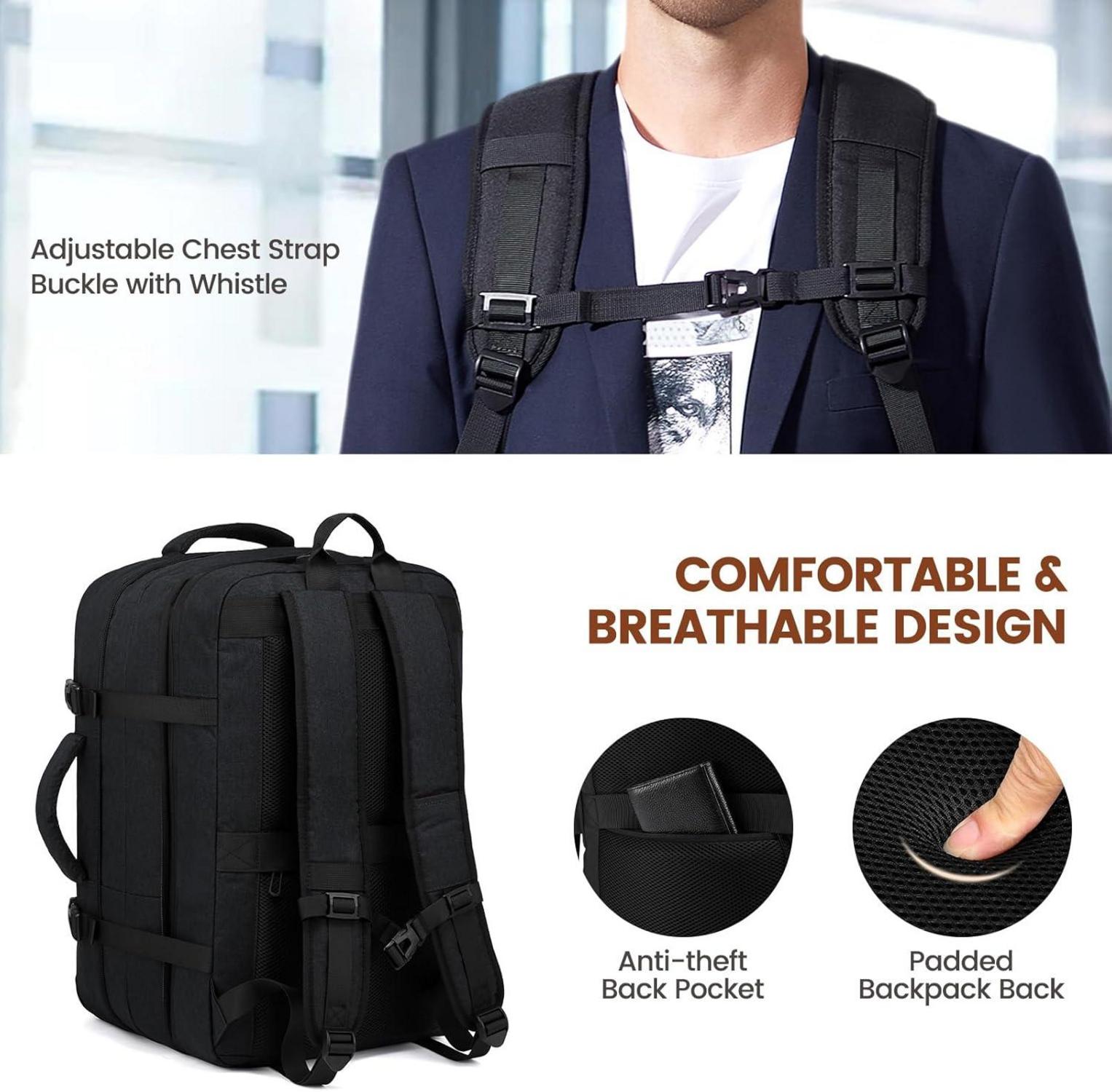 Handgepäck Rucksack 32-50L erweiterbar Laptop Herren Damen, Schwarz