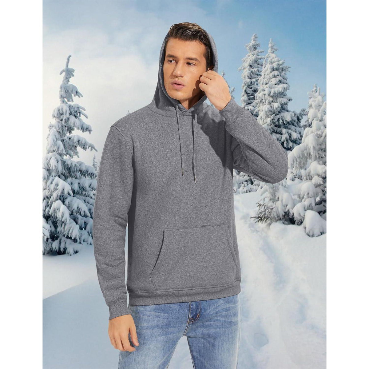 Herren Sherpa Hoodie mit Kängurutasche - Hellgrau