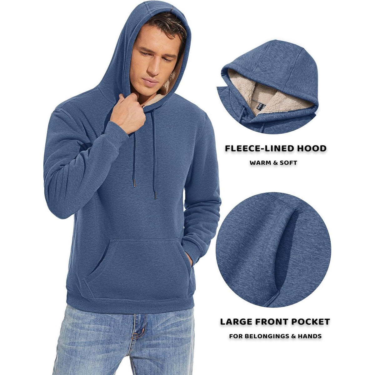 Herren Sherpa Hoodie mit Kängurutasche - Blaugrau