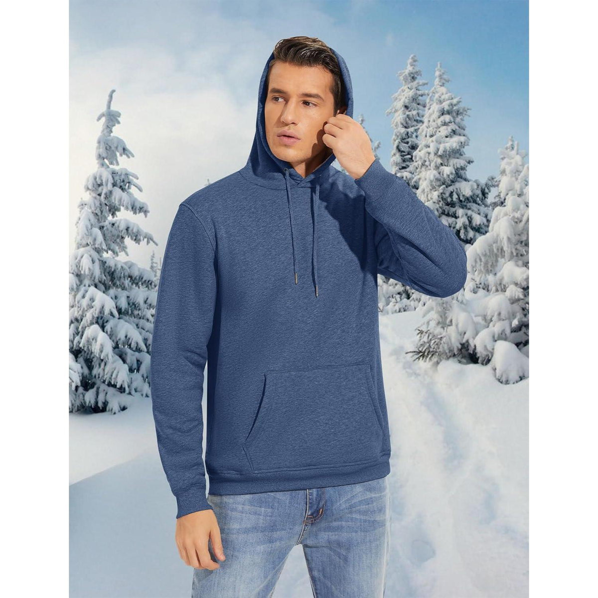 Herren Sherpa Hoodie mit Kängurutasche, Blaugrau XL