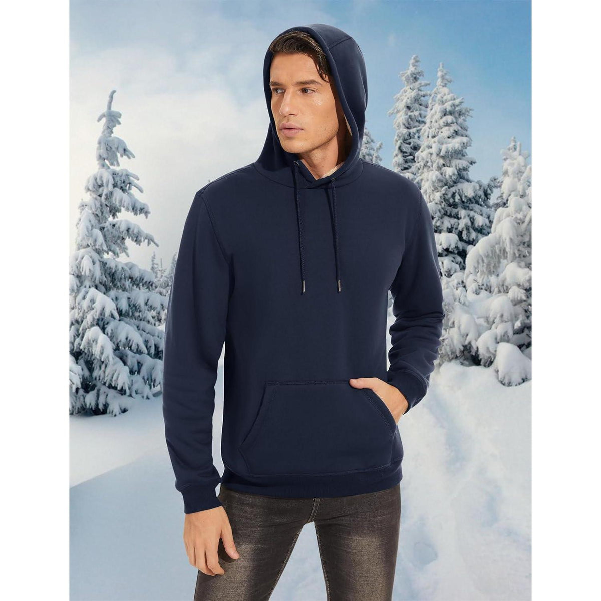 Herren Sherpa Hoodie Dunkelblau S Winddicht Warm
