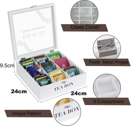 Aufbewahrungsbox Teebox Holz Teebeutelbox 9 Fächer Weiß Glasdeckel